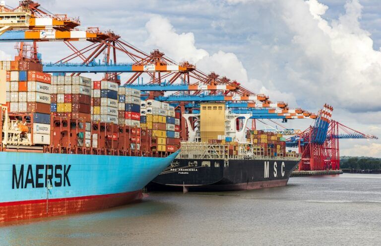 Ein Containerschiff am Hamburger Hafen.
